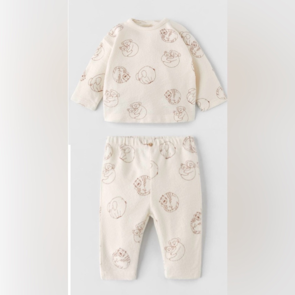 Zara 9/12 Animal Ecru Shirt & Pants Outfit Bundle Set Elephants Tigers Koalas